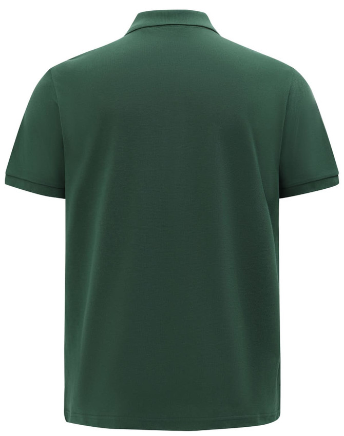 A green men's classic cotton/poly pique short-sleeve polo, featuring a plain back and a logo.