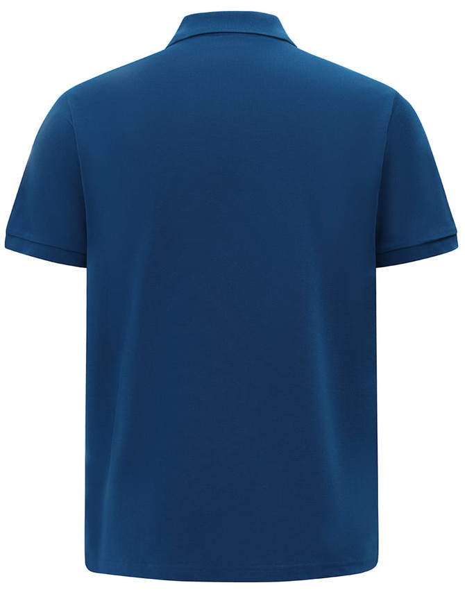 A navy blue men's classic cotton/poly pique short-sleeve polo shirt with a logo on the back.