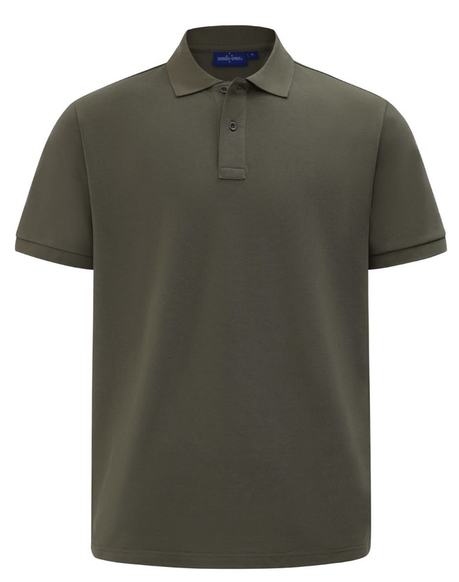 A men's classic short-sleeve polo in a deep olive green, featuring a collar and a placket with buttons. It has a logo.