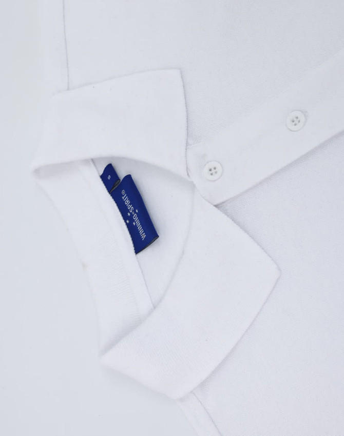 A white men's classic cotton/poly pique short-sleeve polo, featuring a collar and buttoned placket with a logo tag.