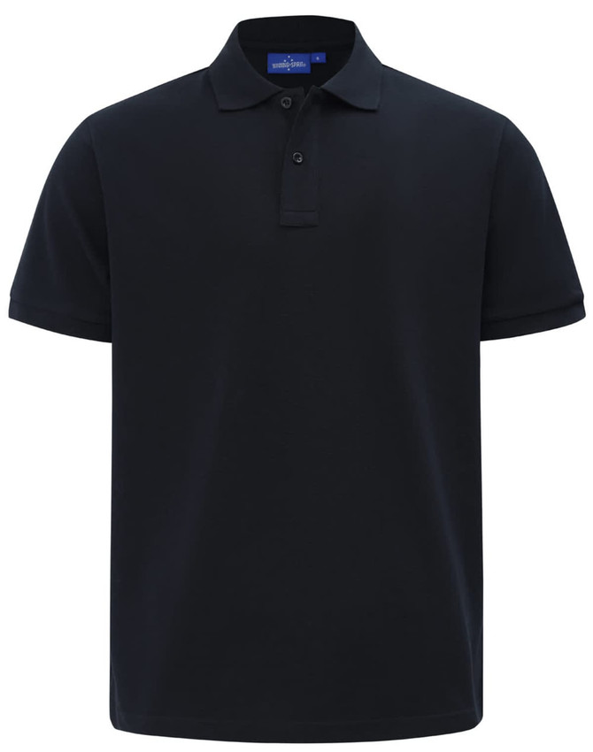 A men's short-sleeve polo shirt in navy blue, featuring a collar and a logo on the chest.