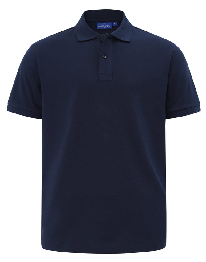 A navy blue short-sleeve polo shirt with a classic cotton/poly pique texture and a collar, featuring a logo.
