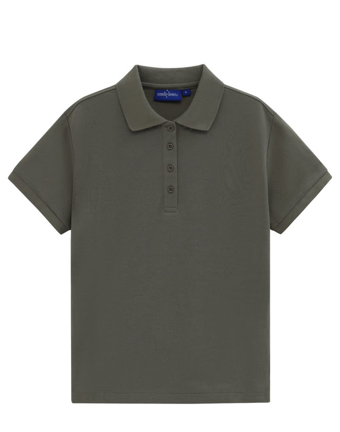 A short-sleeved polo shirt in an olive green shade, featuring a classic collar and a buttoned placket. It has a logo.