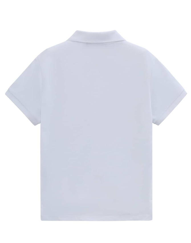 A plain white short-sleeved polo shirt with a collar and a logo.