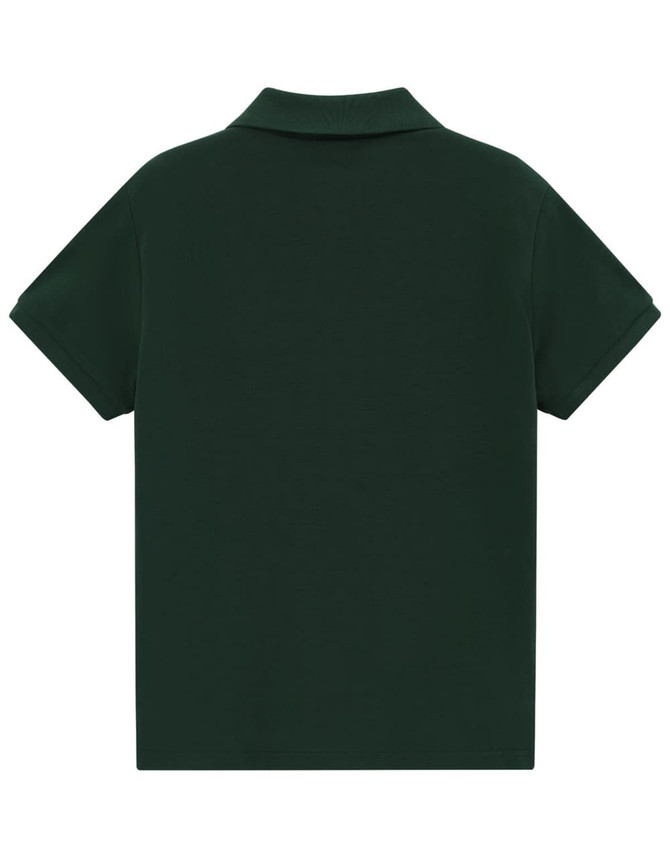 A dark green ladies' short-sleeve polo made of cotton/poly pique, featuring a collar and a logo.