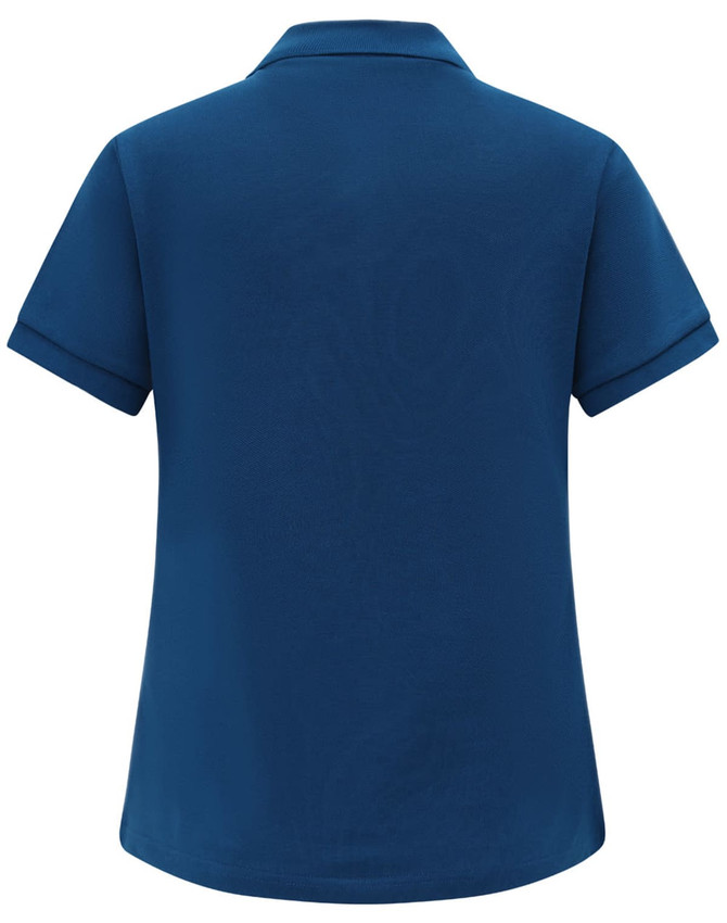A navy blue ladies' short-sleeve polo shirt featuring a collar and a brand logo.