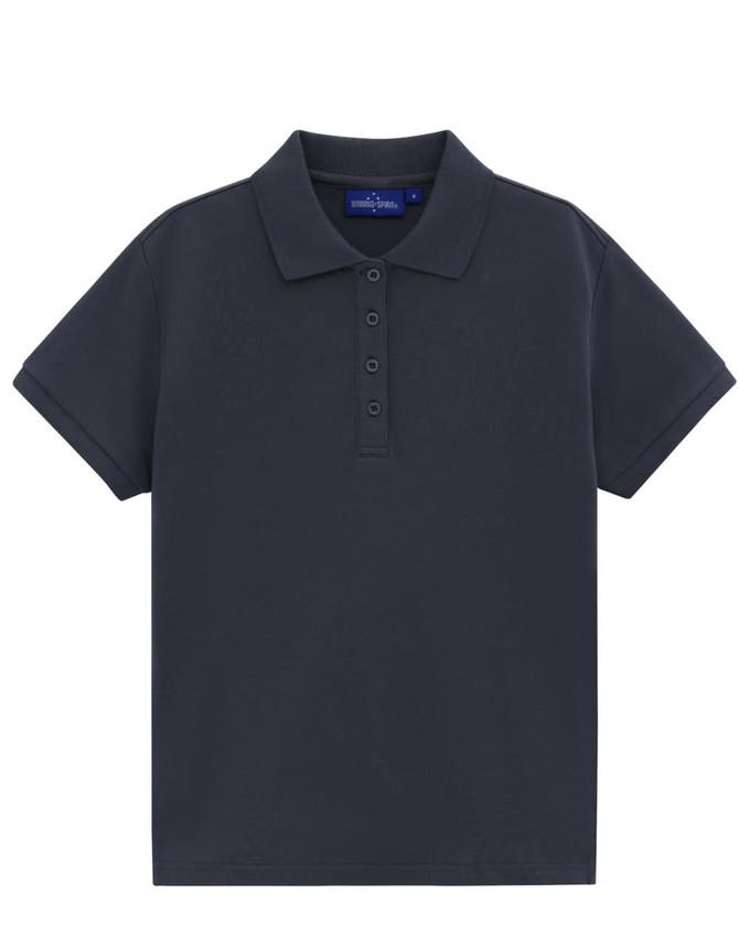 A navy blue short-sleeve polo shirt with a collar and five buttons, featuring a logo.