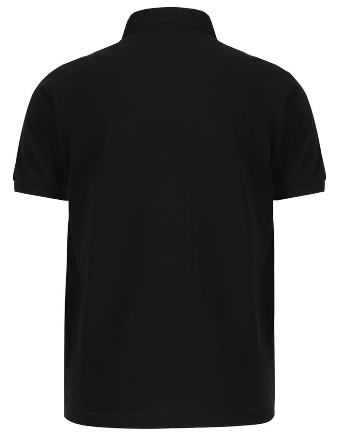 A black men's ultrafine cotton pique polo with a classic polo collar and a logo on the back.