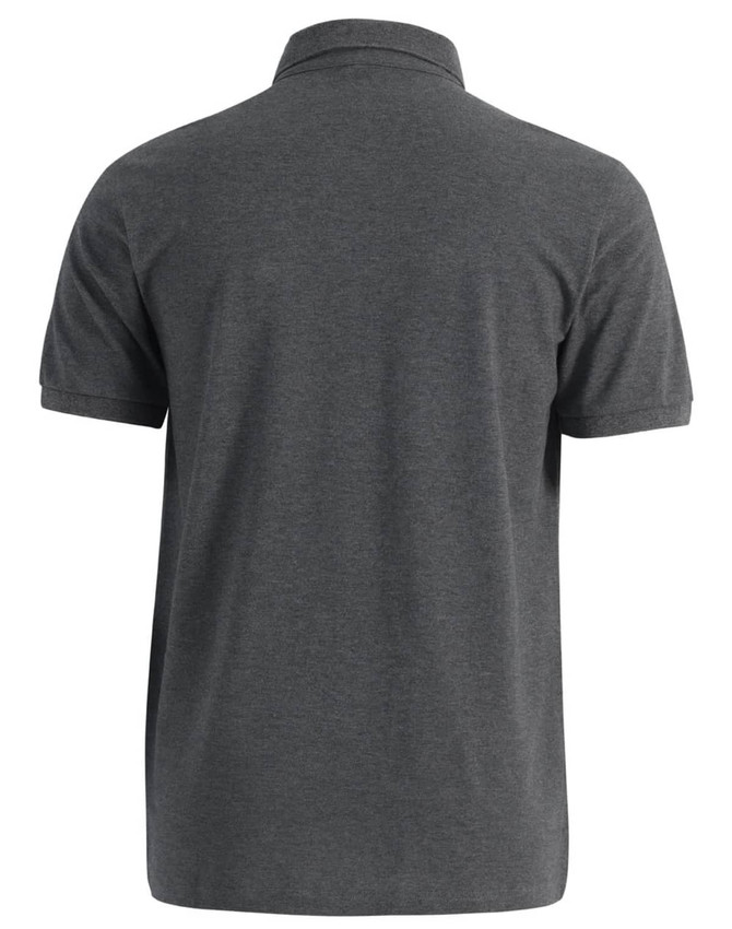 A grey men's ultrafine cotton pique polo shirt, featuring a collar and short sleeves, with a logo on the back.