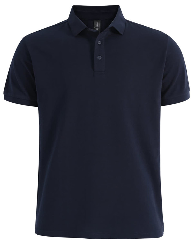 A navy blue men's ultrafine cotton pique polo with a collar and three buttons, featuring a logo.