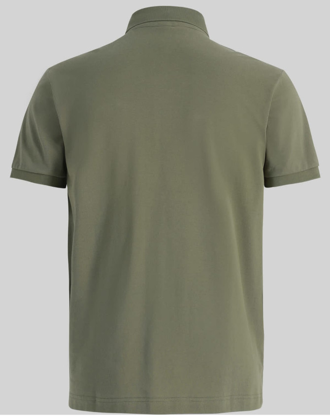 A men's ultrafine cotton pique polo in olive green, featuring a classic polo collar and a logo on the back.