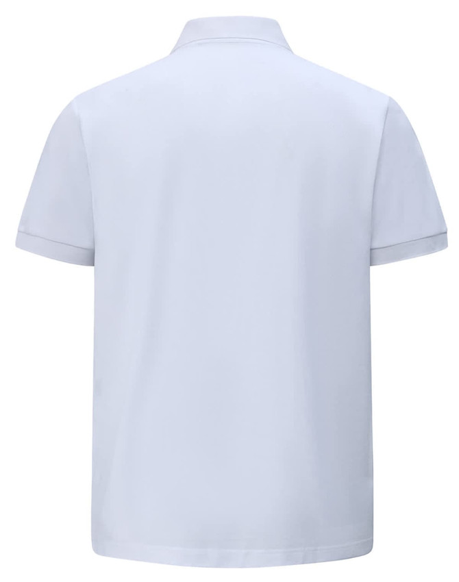 A white men's ultrafine cotton pique polo shirt with short sleeves and a collar, featuring a logo on the back.