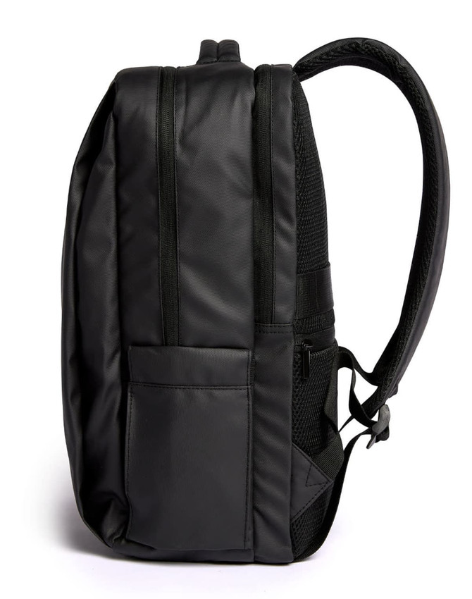 A black PU backpack with a sleek design, featuring adjustable straps and a side pocket.