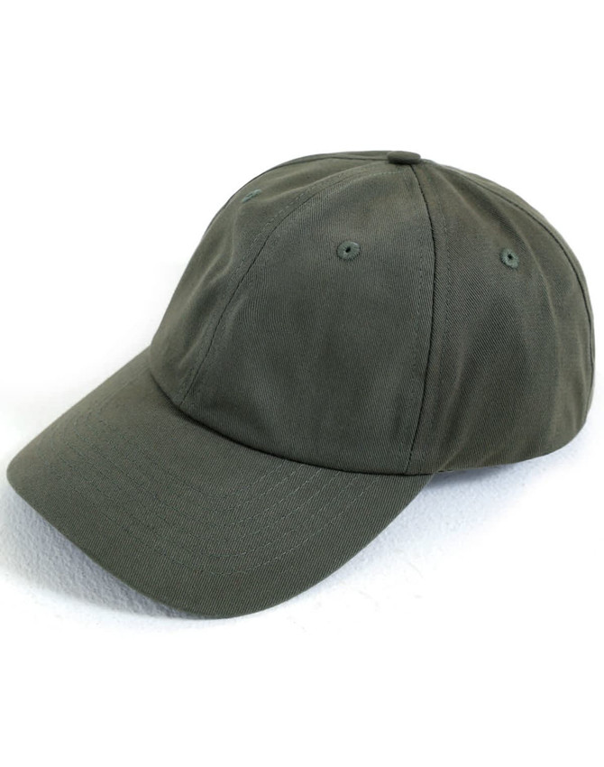 A cotton twill unstructured cap in olive green, featuring a logo on the front and ventilation holes.