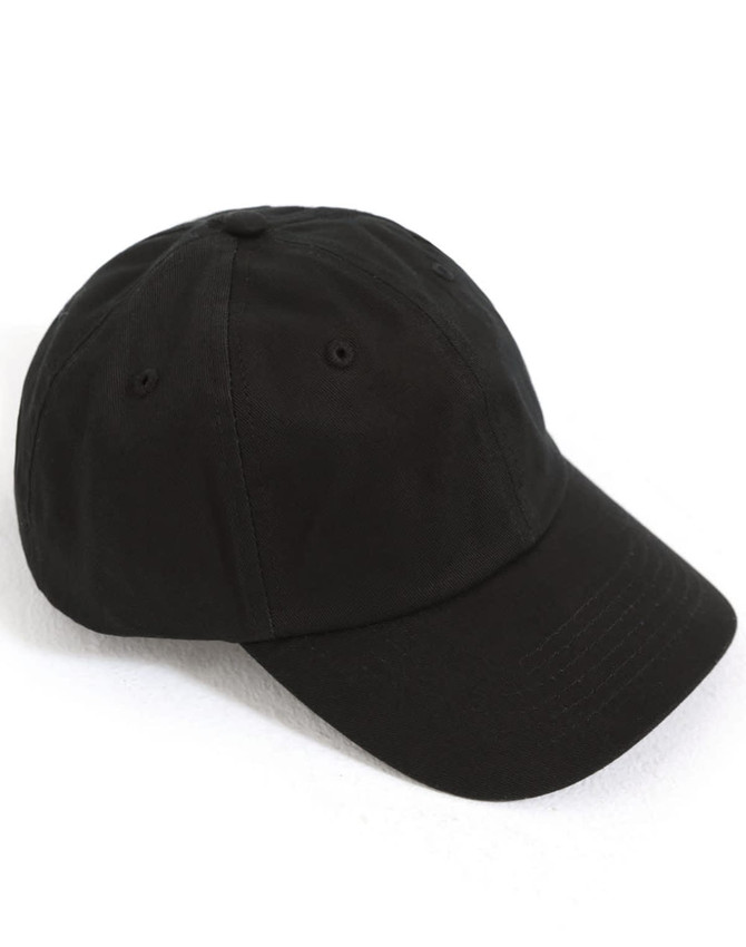 A black unstructured cotton twill cap with a curved peak and ventilation eyelets. It has a logo on the side.