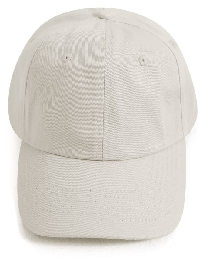 A light beige unstructured cotton twill cap with a curved brim and an adjustable strap at the back.