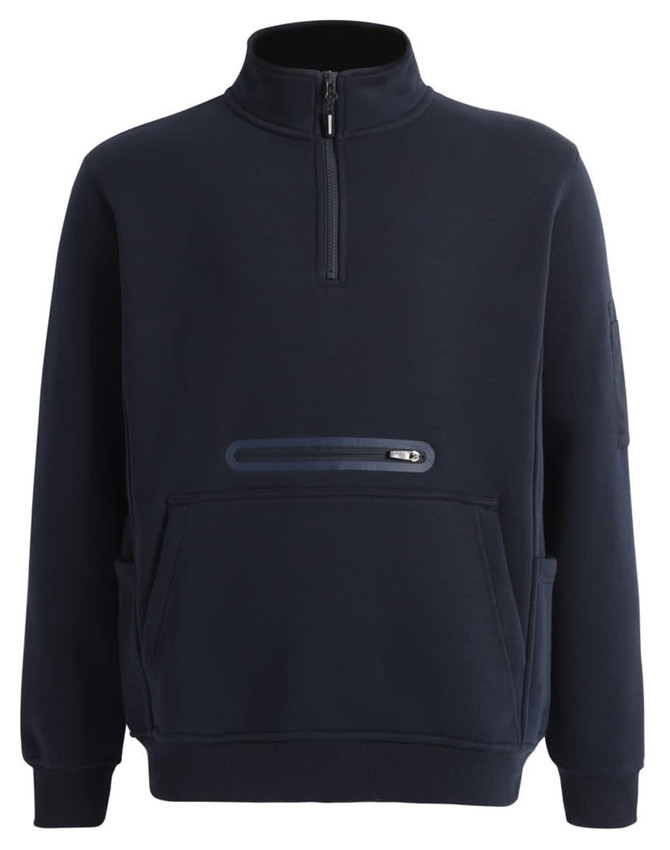 A unisex navy fleece half-zip work sweat with a front pocket and a logo on the sleeve.
