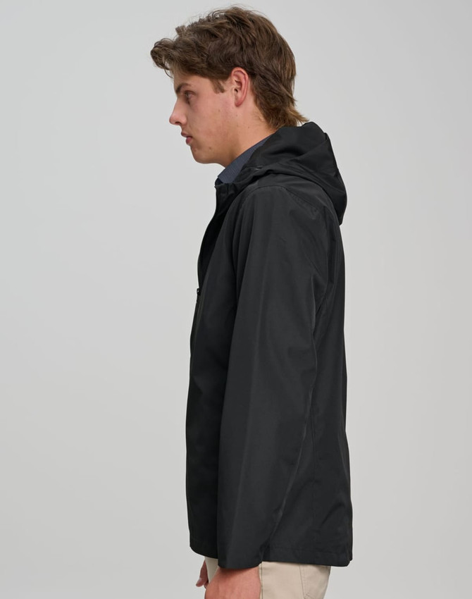 A black unisex waterproof jacket with a hood and a side view of a model wearing it. Features a logo on the jacket.