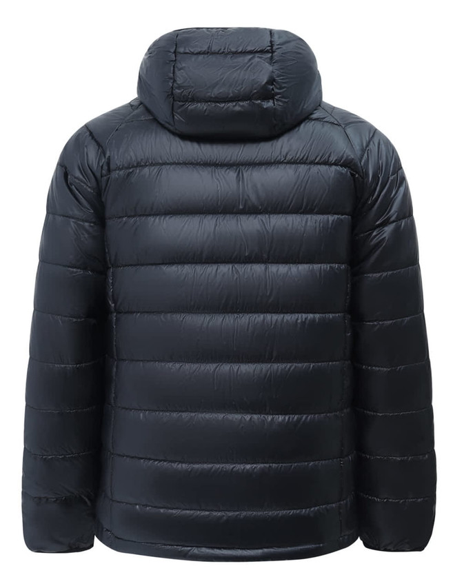 A lightweight hooded puffer jacket in black with a puffy quilted design and a rear view. It features a logo.
