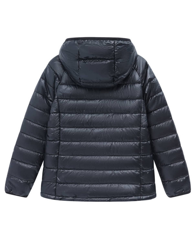 A kids' lightweight hooded puffer jacket in dark grey, featuring a quilted design and a hood. It has a logo on the back.