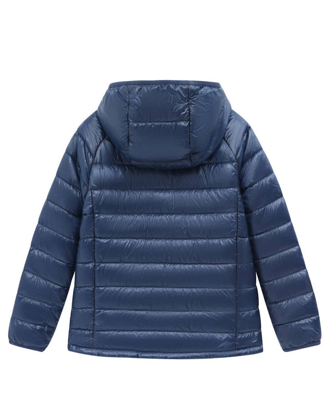 A navy blue lightweight hooded puffer jacket with a quilted design and a hood, featuring a logo on the back.