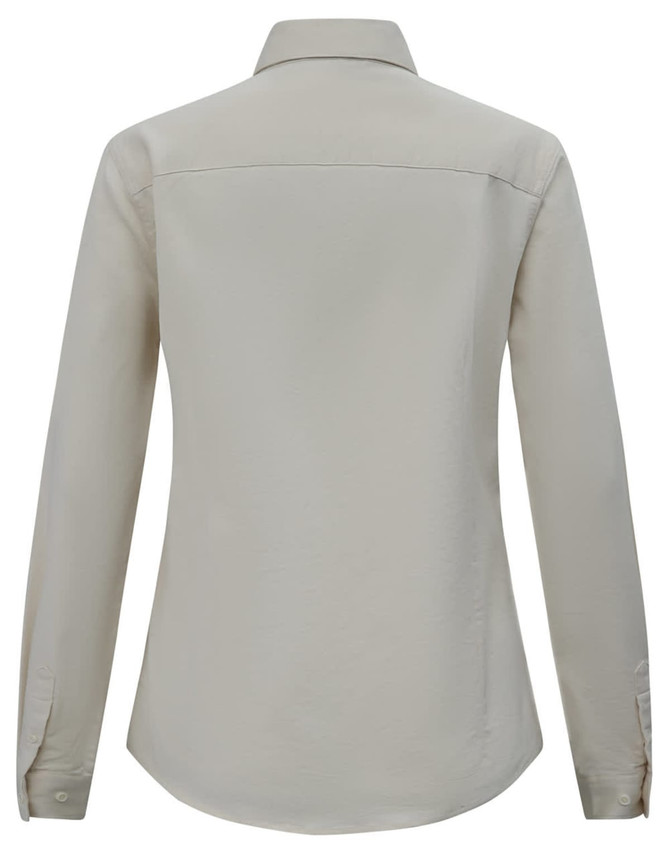 A beige long-sleeve shirt with a collar and button cuffs, featuring a logo on the back.