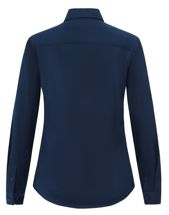 A navy long-sleeve shirt with a collar and buttoned cuffs, featuring a smooth fabric. It has a logo on the back.