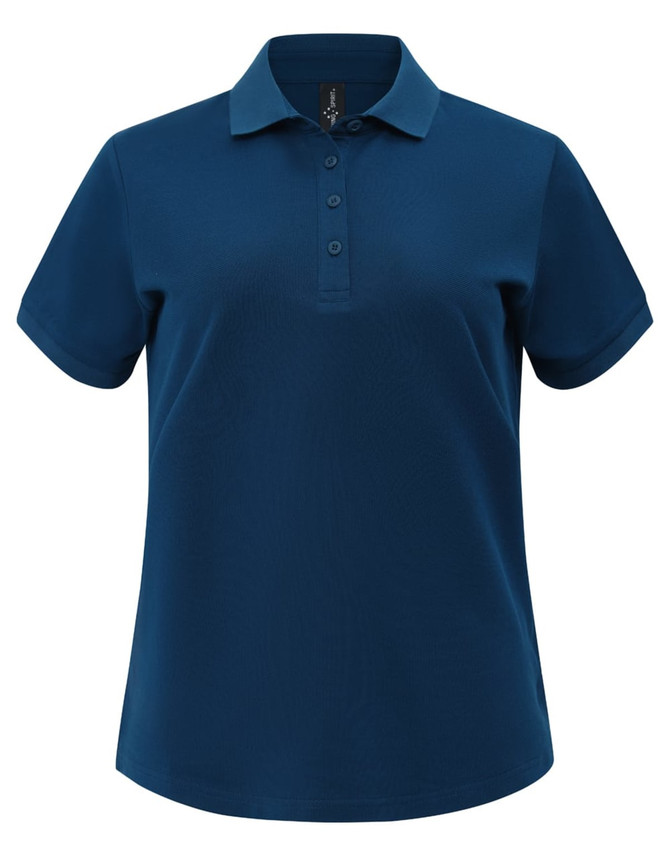 A blue ladies ultrafine cotton pique polo featuring a classic collar and five button placket, with a logo.