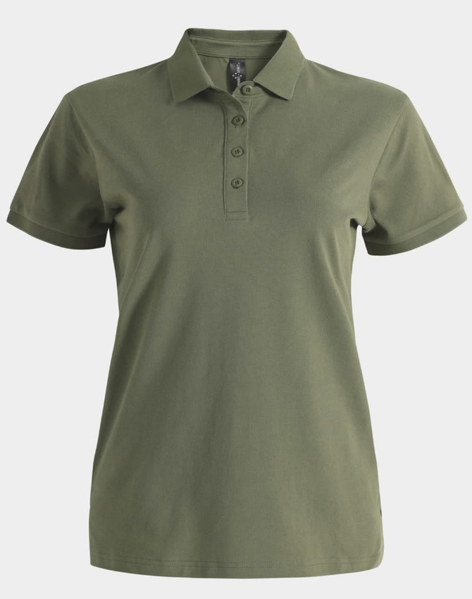 A green ladies ultrafine cotton pique polo featuring a collar and three buttons, with a logo on the chest.