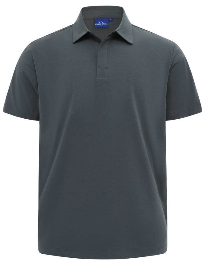 A men's short-sleeve polo in dark grey with a collar and a logo. Made from high-performance graphene fabric.