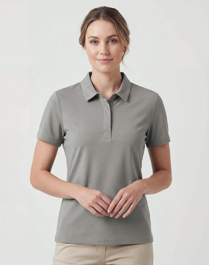A grey ladies' polo shirt featuring a classic collar and short sleeves, with a logo on the chest.