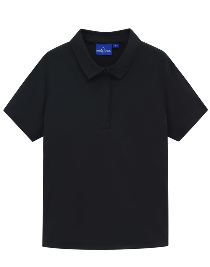 A black high-performance polo shirt with a collar and short sleeves, featuring a logo on the label.