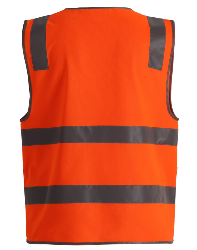 An orange safety vest with grey reflective stripes and utility pockets, featuring a logo.