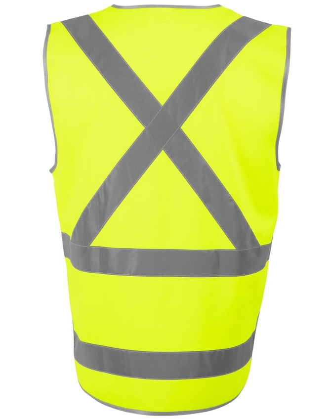 A bright yellow safety vest featuring reflective grey stripes in a cross-back design, with a tail at the bottom.