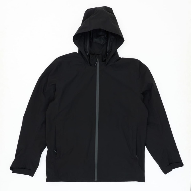 A black weather jacket with a hood, featuring a front zipper and side pockets.