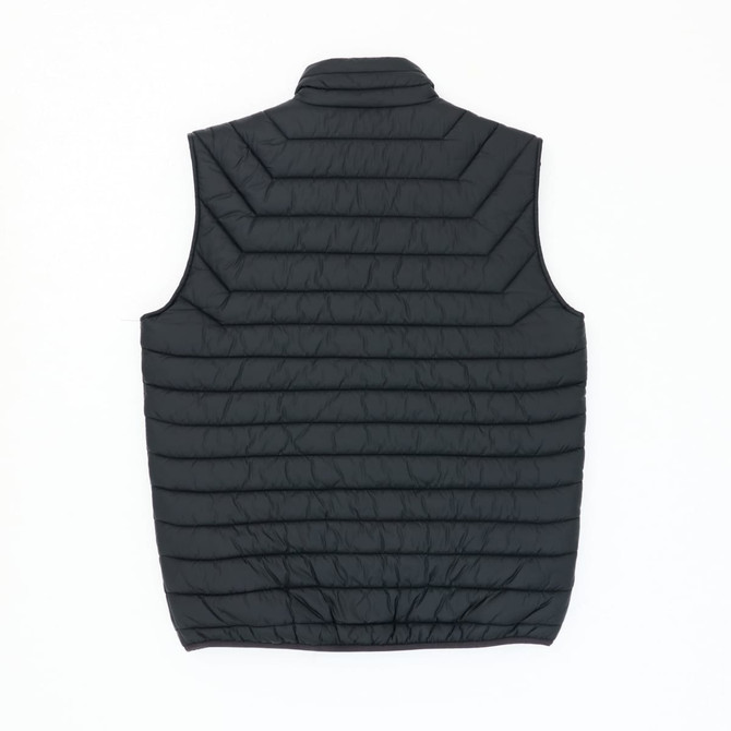A black puffer vest with a quilted pattern, featuring no sleeves and a high collar. The back is smooth and textured.
