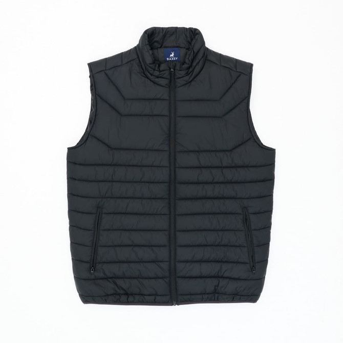 A black puffer vest featuring a high collar, zip front, and two side pockets, with a logo on the inside.