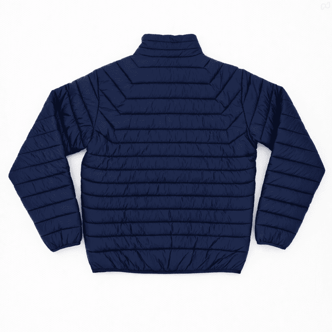 A navy blue puffer jacket with a quilted design and high collar, featuring a logo on the upper back.