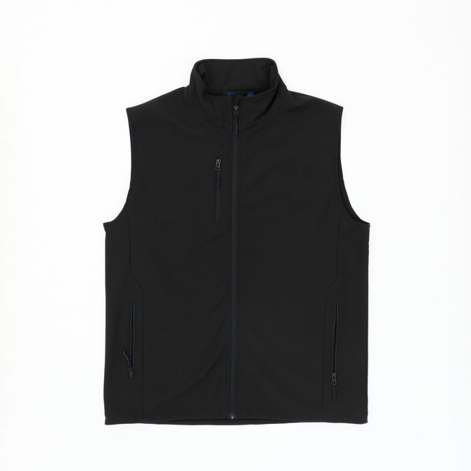 A black softshell vest with a high collar and three zippered pockets. Features a logo on the chest area.