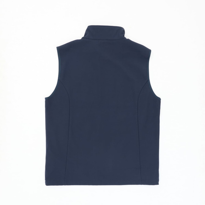 A navy blue softshell vest with a high collar and no sleeves. It features a branding logo.