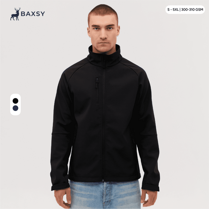 A black softshell jacket with a high collar and zippered pockets, featuring a logo. Suitable for various sizes.