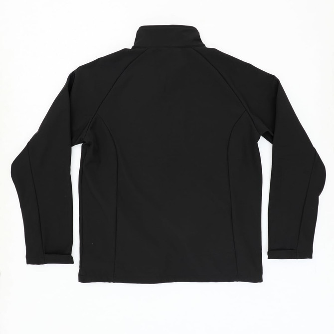 A black Prime Softshell Jacket with a high collar and long sleeves, featuring a logo.