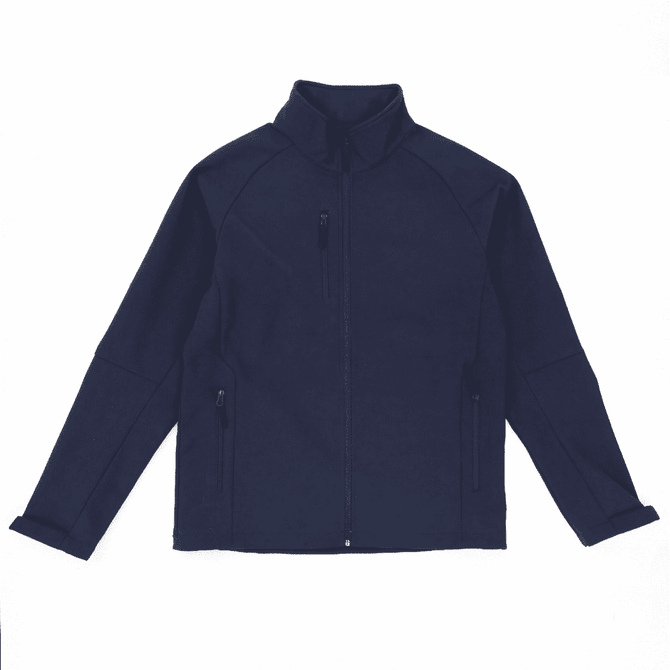 A navy softshell jacket with a high collar and multiple zippered pockets, featuring a logo.