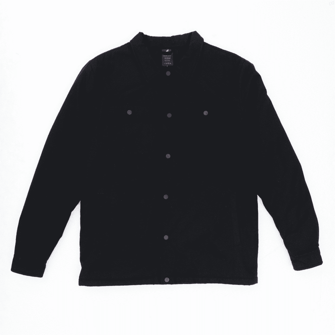 A black jacket with a button-up front and a collar, featuring a logo on the label inside.
