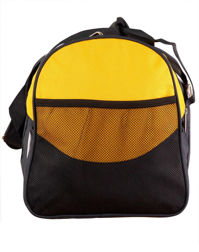 A yellow and black duffle bag with a mesh pocket and an adjustable shoulder strap. It features a logo.