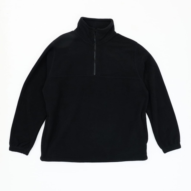 A black fleece jumper with a quarter zip and long sleeves; features a logo on the front.
