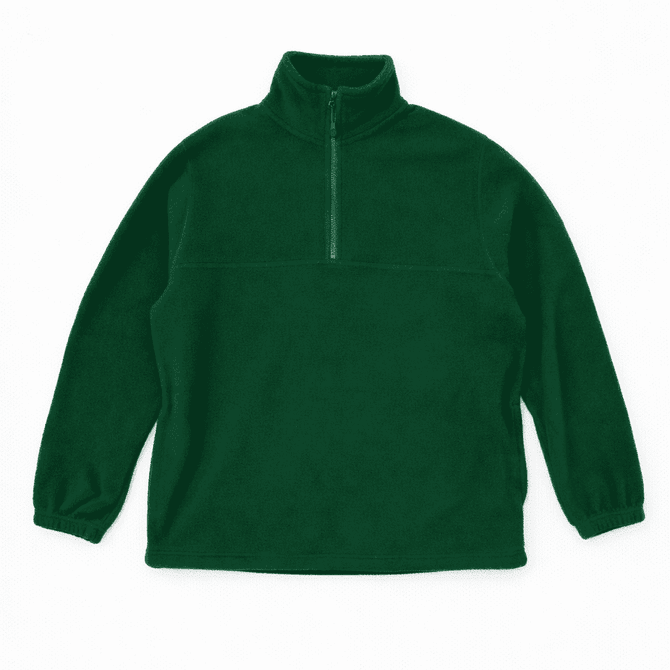 A green polar fleece 1/4 zip pullover featuring long sleeves and a high collar. It includes a small logo.