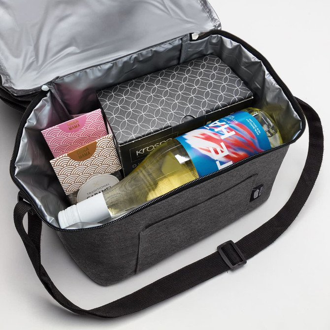A drink bottle lies in a grey insulated bag, alongside assorted boxes and an additional container.