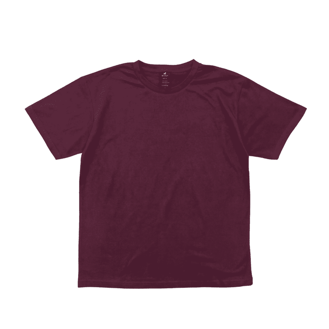 A maroon t-shirt with a round neckline and short sleeves, featuring a small logo at the collar.