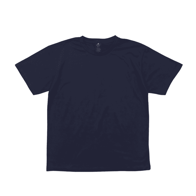 A navy blue T-shirt with a crew neck and short sleeves, featuring a logo on the inside label.